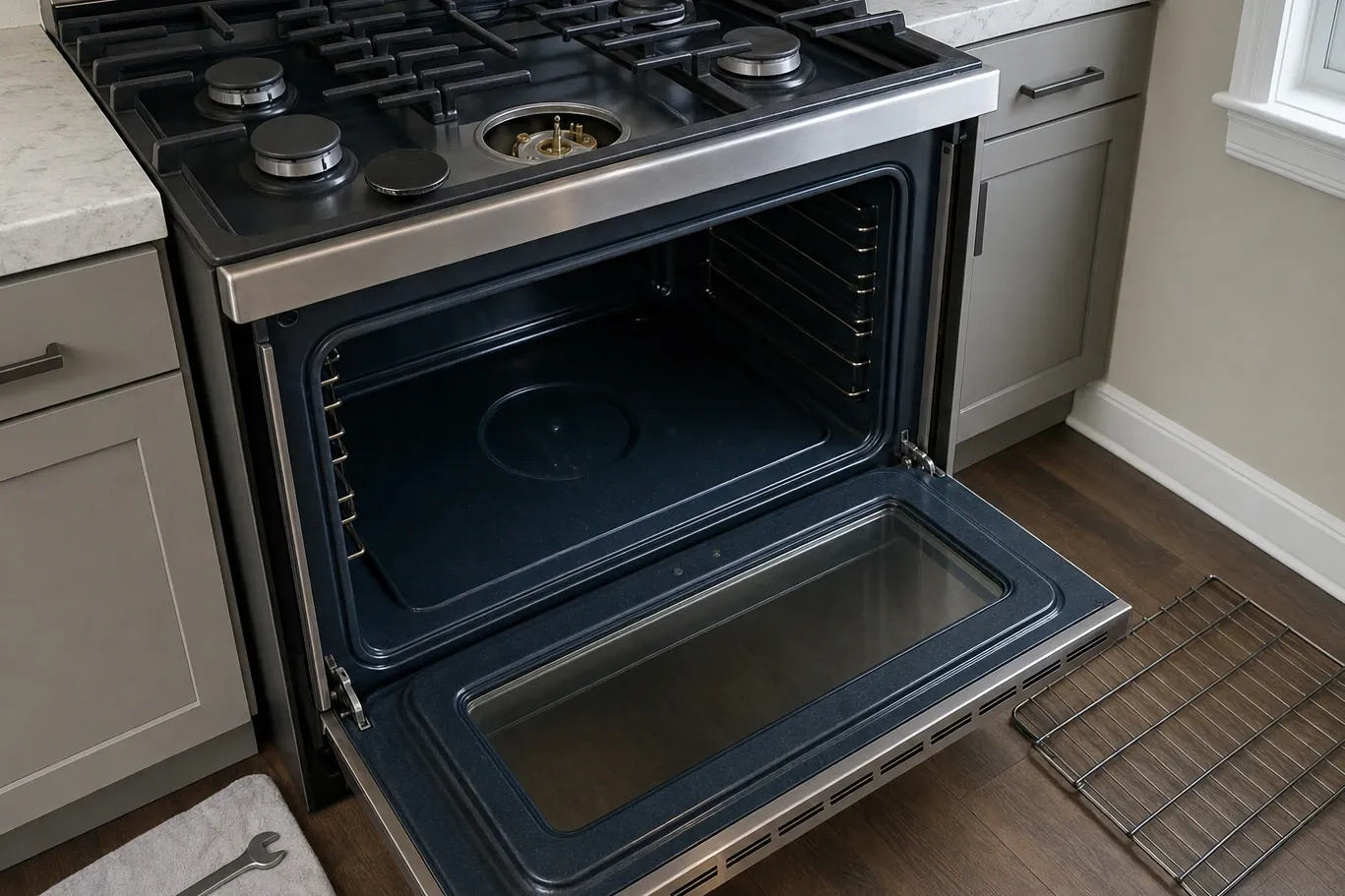 High view of a gas rangetop in a grey shaker kitchen with a marble counter, the oven door open flat below