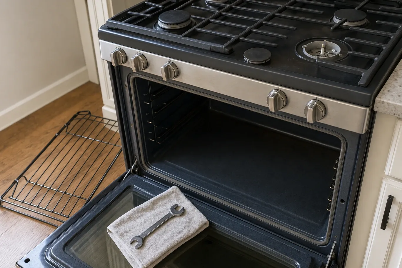 Gas range in a cream kitchen with a folded towel and an open-end wrench resting on the lowered oven door