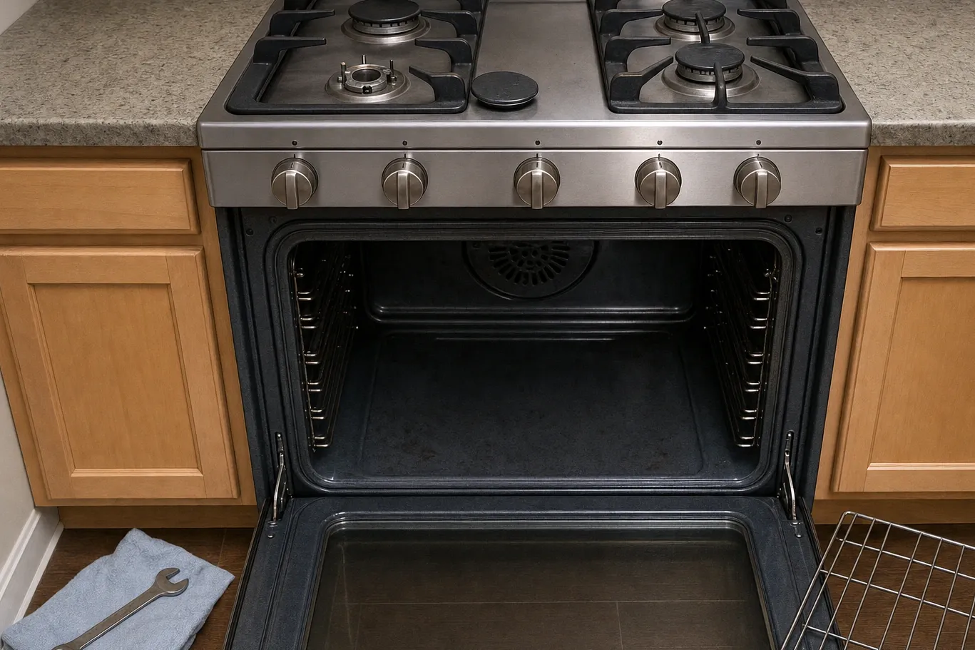 Oven standing open below a gas cooktop, convection fan grille at the rear and a sheet pan on the lower rack