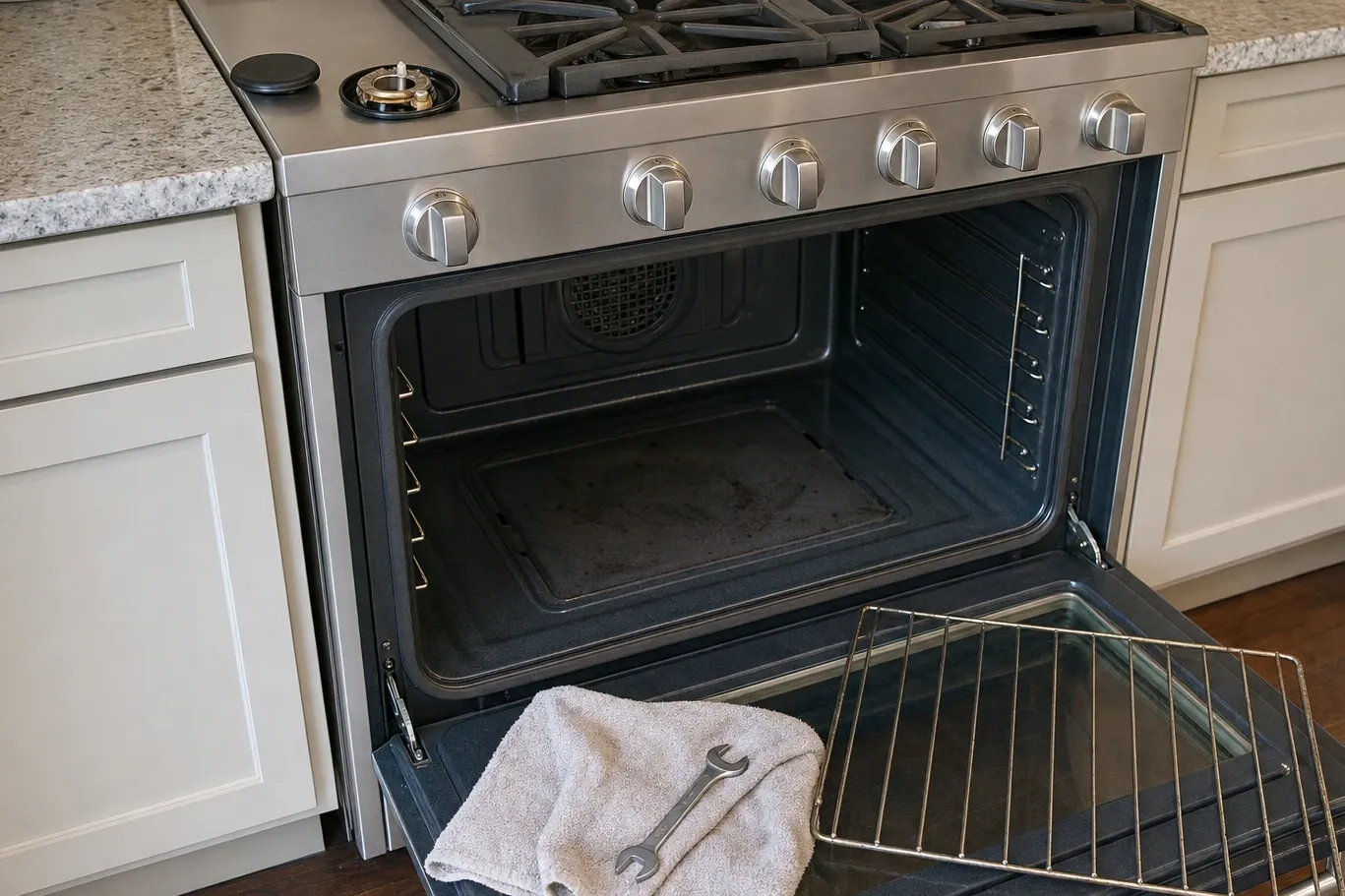 Oven cavity standing open with the convection fan cover at the back and a sheet pan resting on a rack position