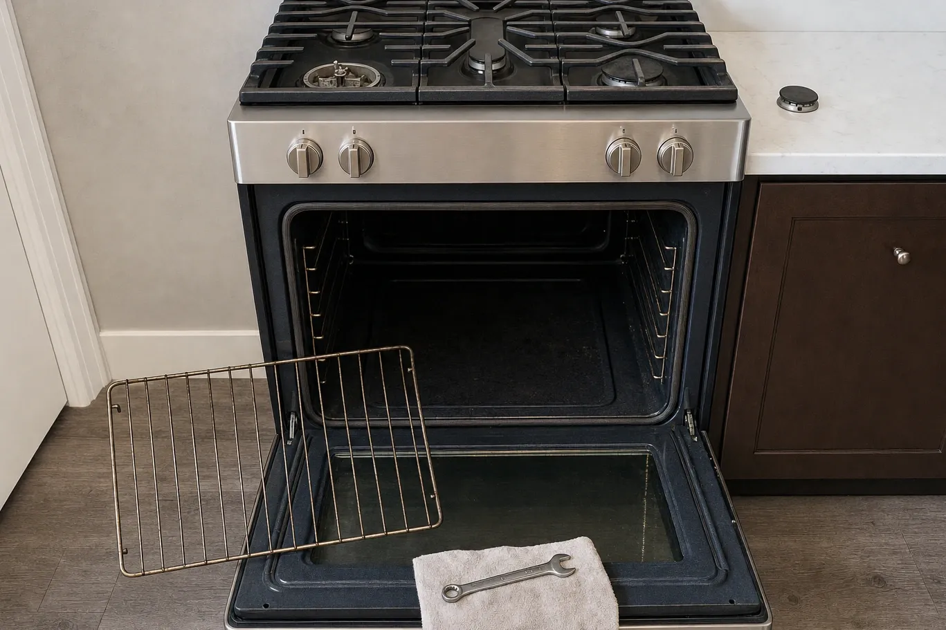 Gas range seen straight on with a chrome oven rack propped against the open door and a wrench on a towel